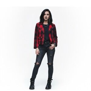 Jack by BB Dakota Red & Black Plaid Cropped Jacket Blazer Sz Sm Cottage Moto